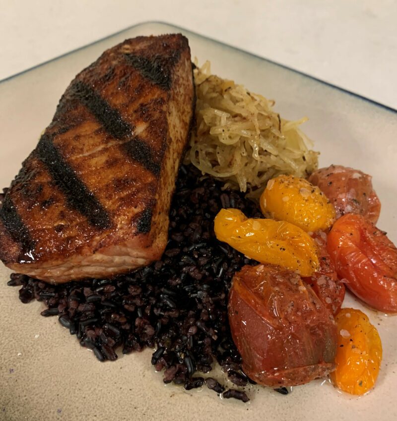 Grilled Yellowfin with Black Forbidden Rice, Spaghetti Squash and Roasted Tomato Medley